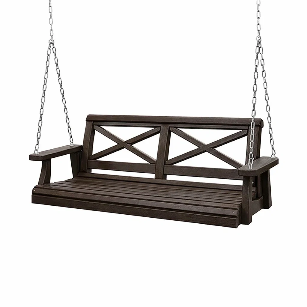 Balancelle de porche en bois massif marron avec chaînes en acier-COZYVI STAZZ