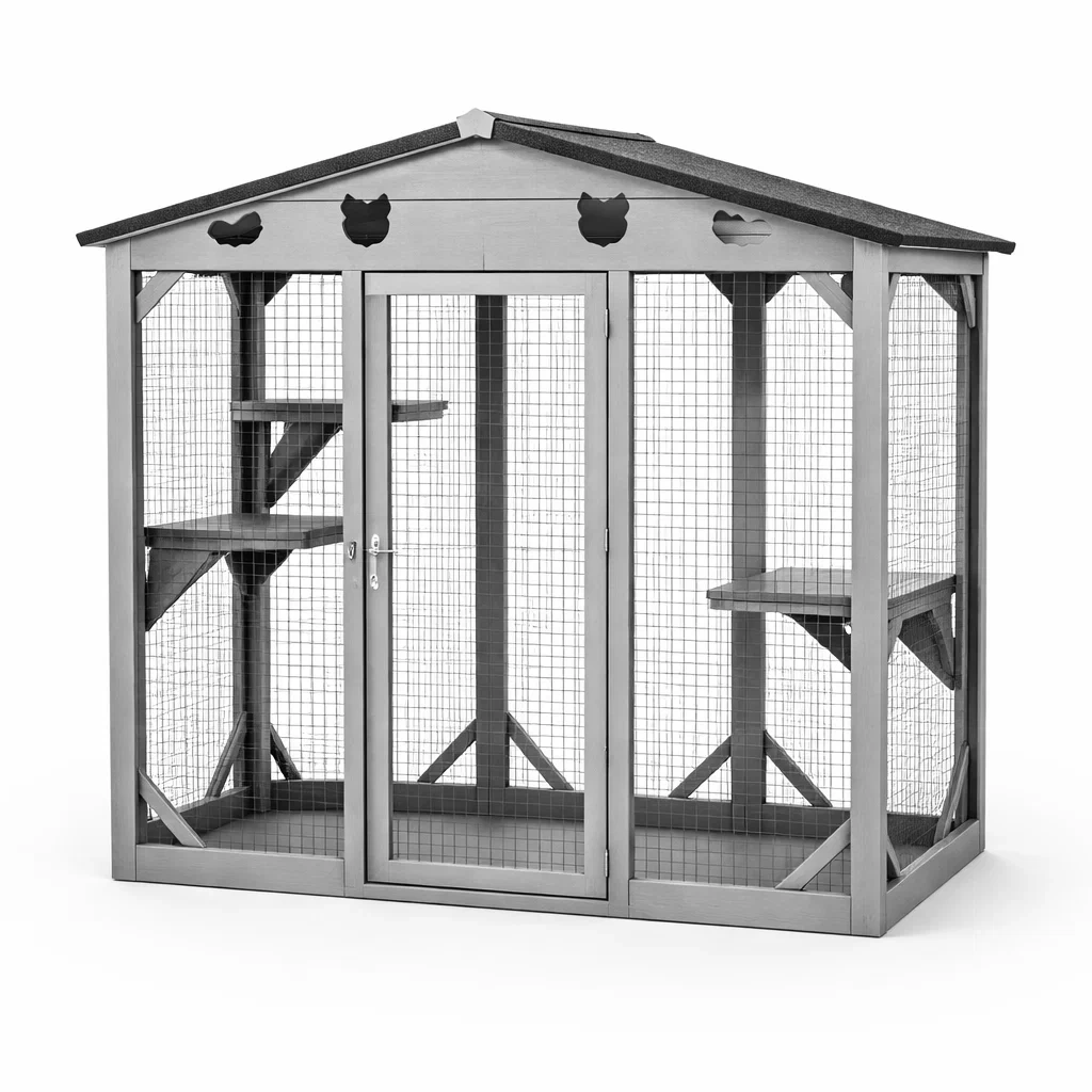 Cage à chat en bois et métal grillagé gris-COZYVI STAZZ
