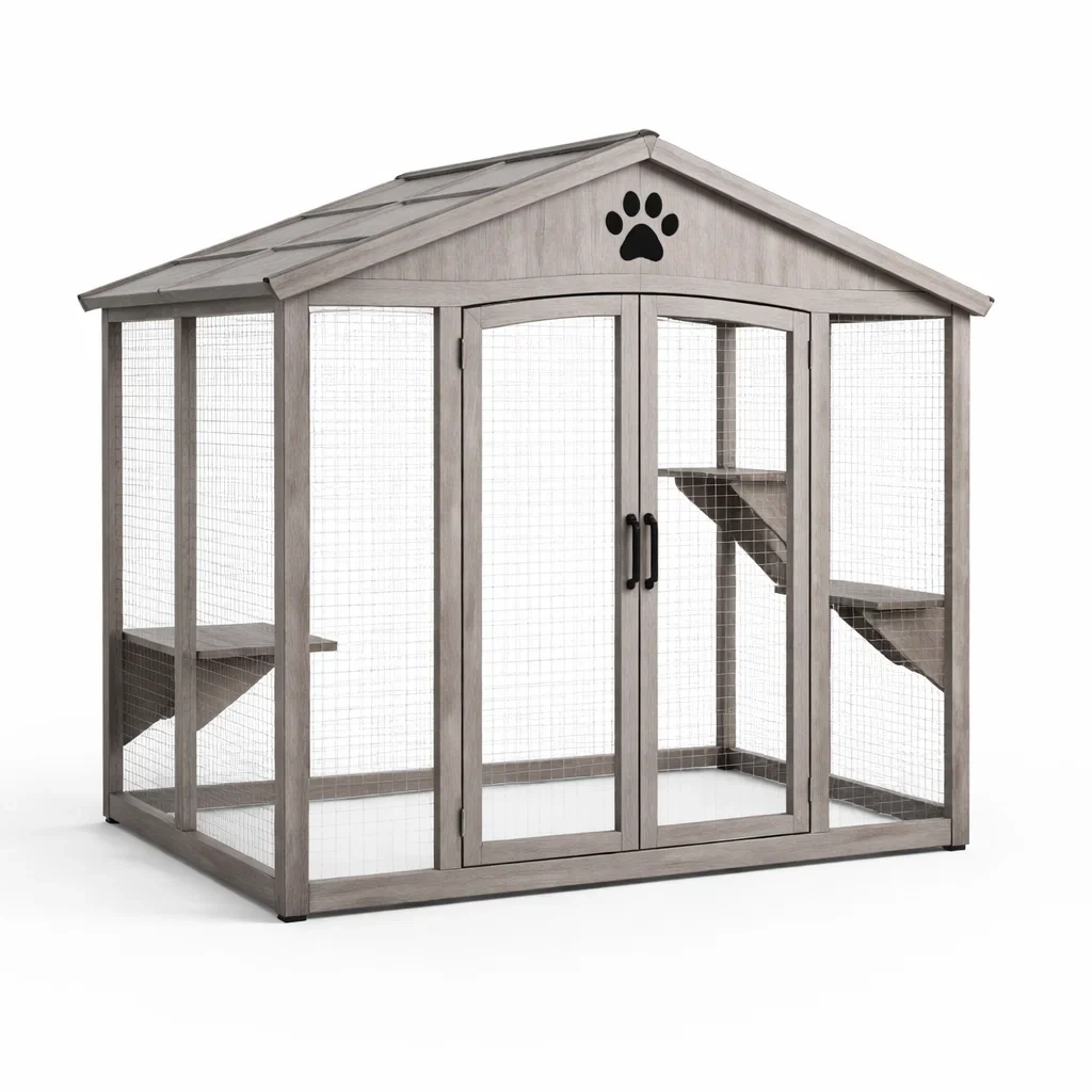 Cage à chat en bois et métal gris pour animaux-COZYVI STAZZ