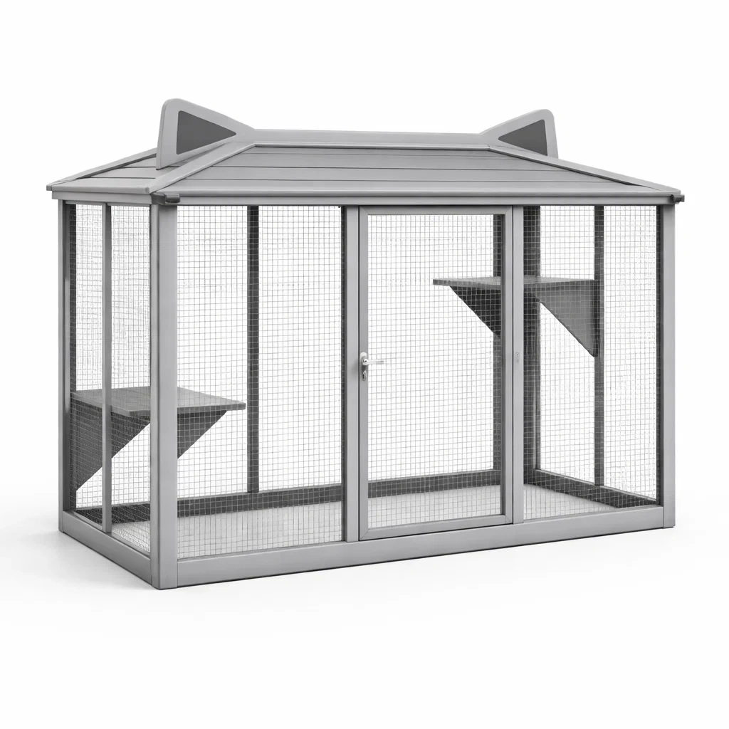 Cage à chat en métal gris avec treillis et toit-COZYVI STAZZ