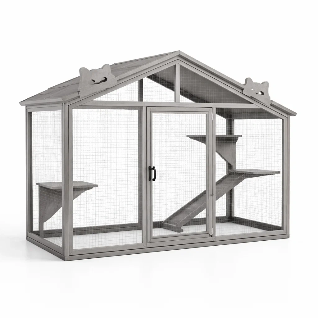 Cage à chat en bois de pin et grillage métallique gris-COZYVI STAZZ