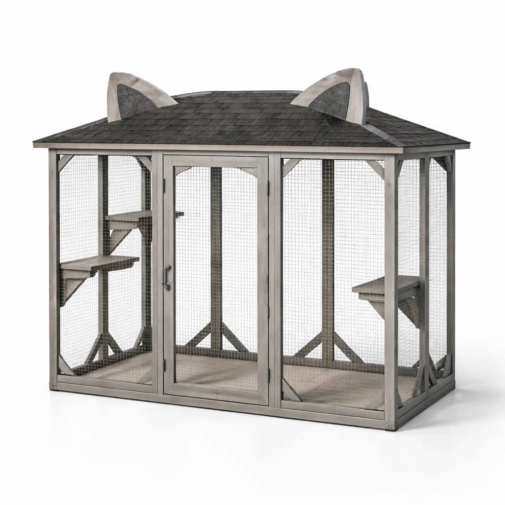 Cage à chat en bois et métal avec toit bitumé gris-COZYVI STAZZ
