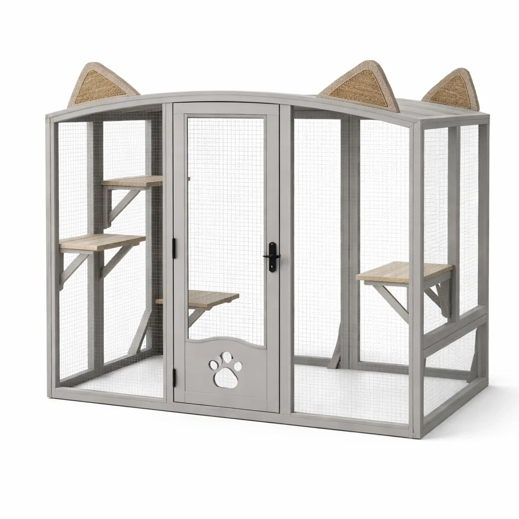 Cage à chat extérieure en bois et métal gris avec étagères-COZYVI STAZZ