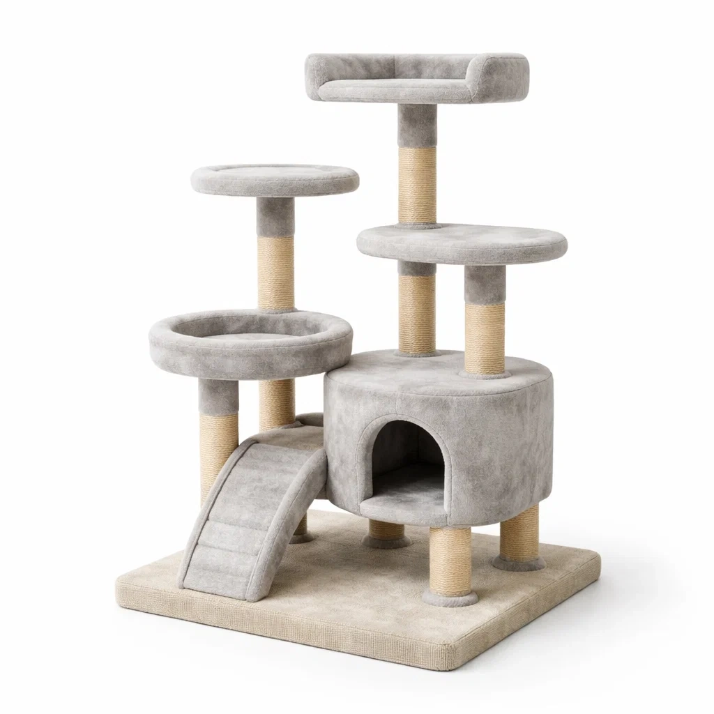 Arbre à chat en peluche gris avec plateformes et tanière-COZYVI STAZZ