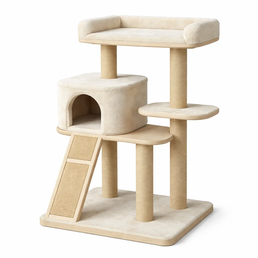 Arbre à chat beige avec plateforme nichoir en MDF et sisal-COZYVI STAZZ