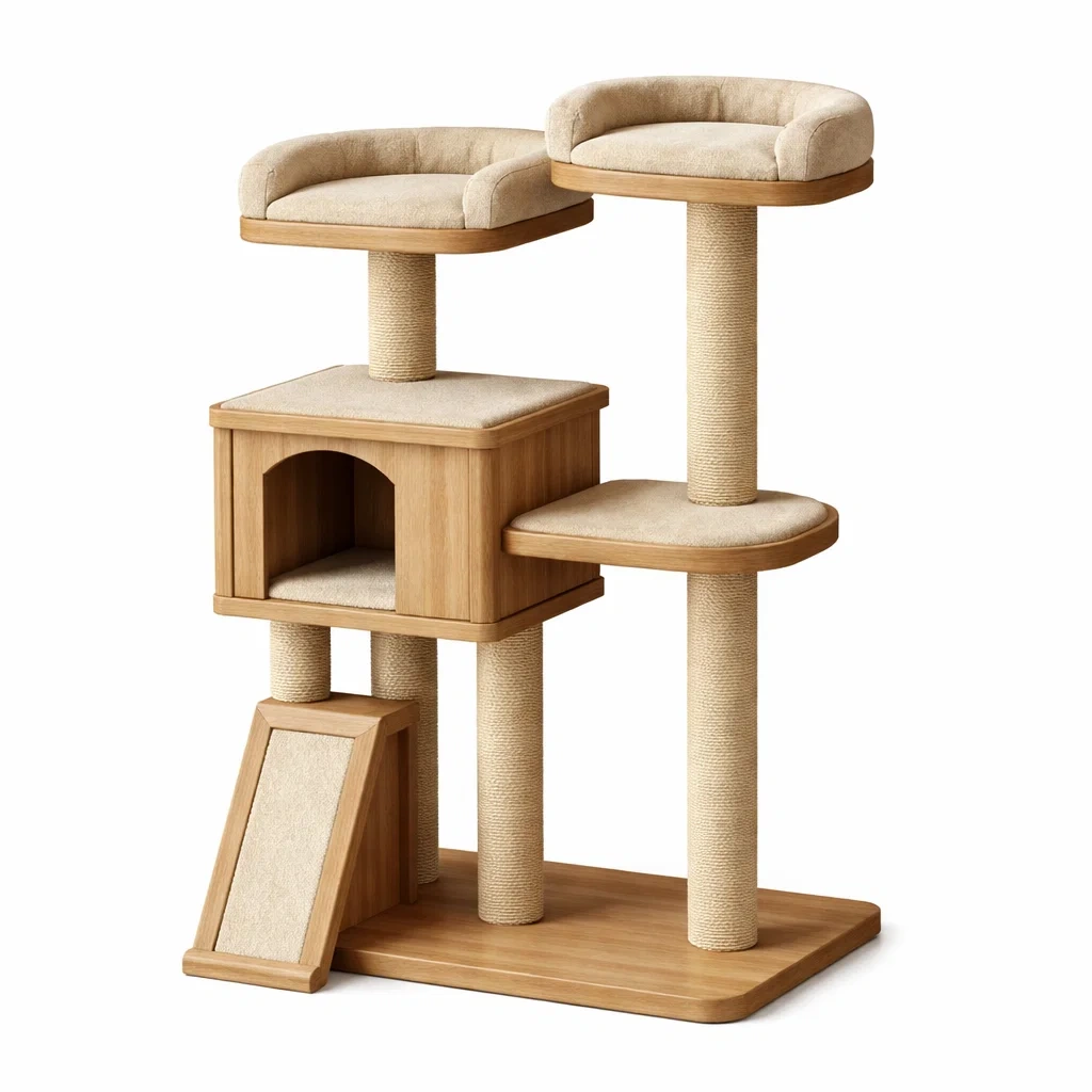 Arbre à chat en bois avec plateformes et niche-COZYVI STAZZ