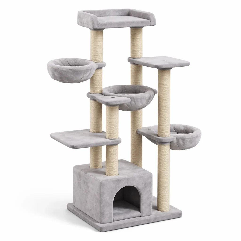 Arbre à chat en MDF avec sisal et peluche gris-COZYVI STAZZ