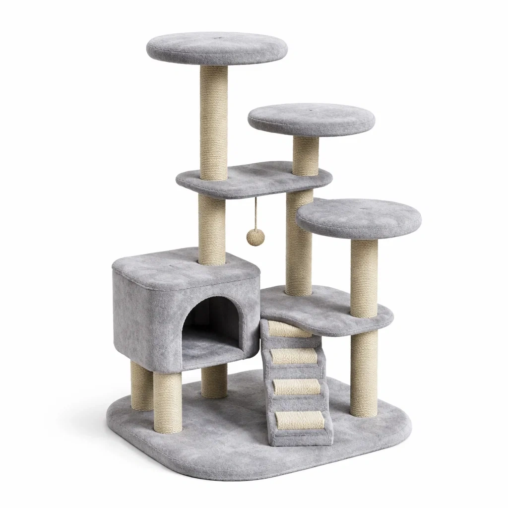 Arbre à chat en bois et tissu gris avec plateformes et cabane-COZYVI STAZZ
