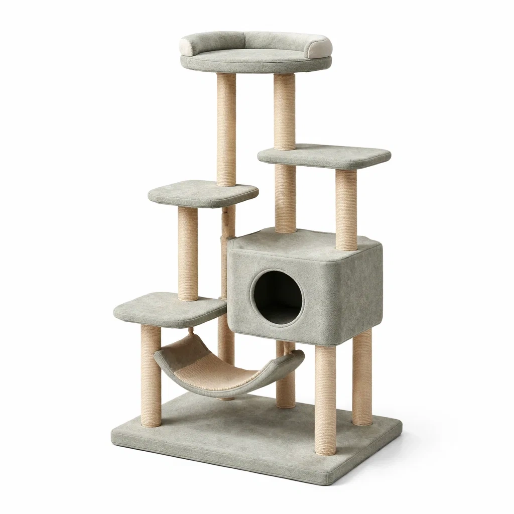 Arbre à chat en tissu peluche gris et corde en sisal avec niche et hamac-COZYVI STAZZ