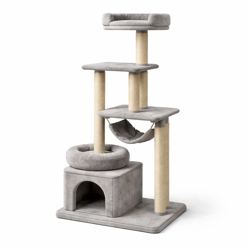 Arbre à chat en contreplaqué sisal et peluche gris avec hamac et niche-COZYVI STAZZ