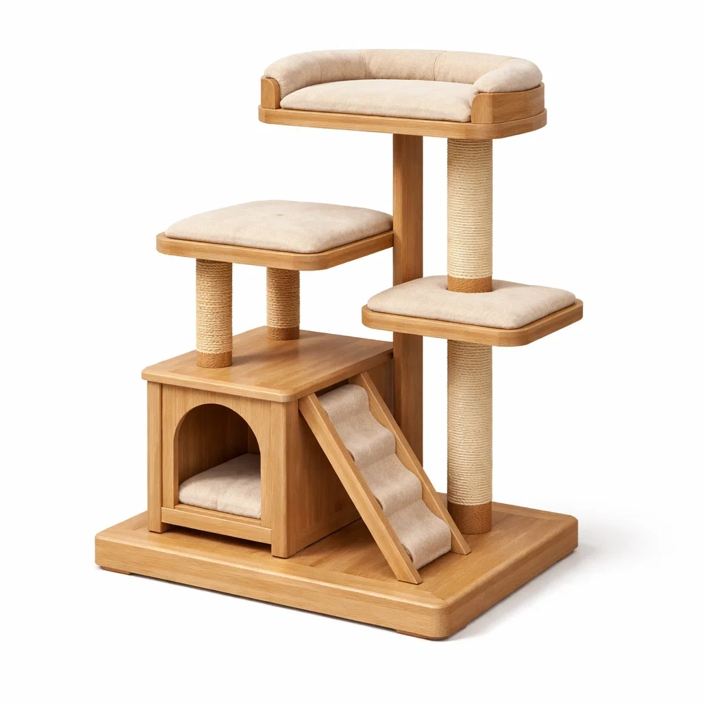 Arbre à chat en bois avec sisal et coussins beige-COZYVI STAZZ