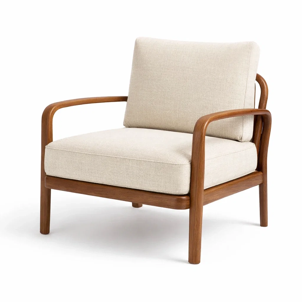 Fauteuil en bois massif et tissu lin beige 75x75x80 cm-LUXECRIBZ