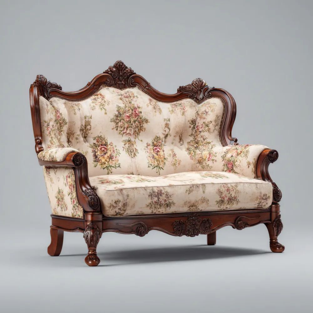 2-Sitzer-Sofa mit Holzrahmen und floraler Polsterung – 150x80x100 cm Klassisches Design