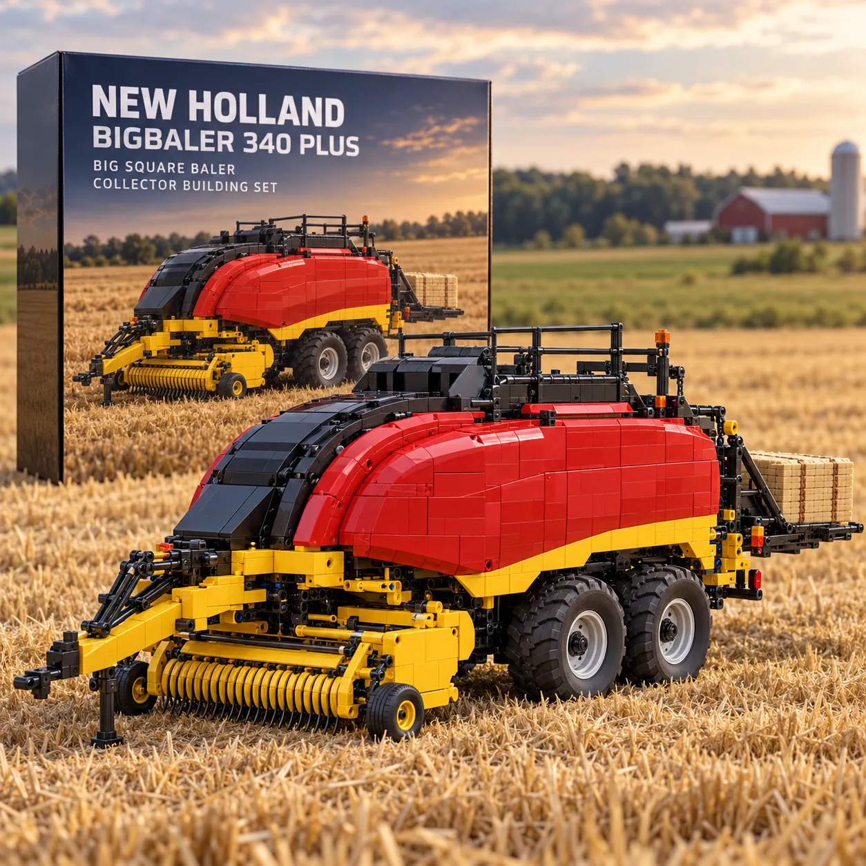 New Holland BigBaler 340 PLUS building model and collector box in a harvested field
