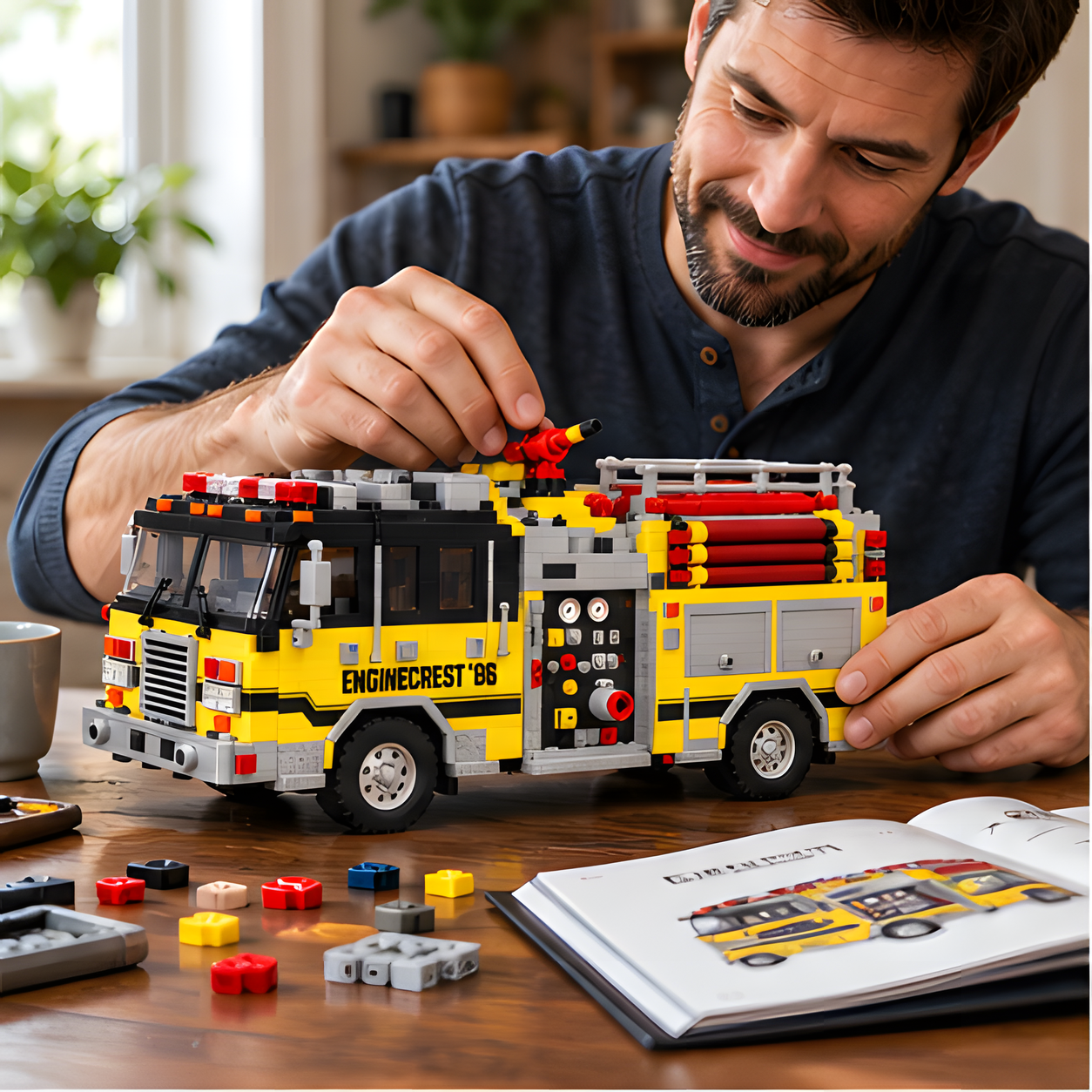 One adult assembling the top water monitor on a yellow-and-black brick-built fire pumper at a table with loose pieces and an instruction book.
