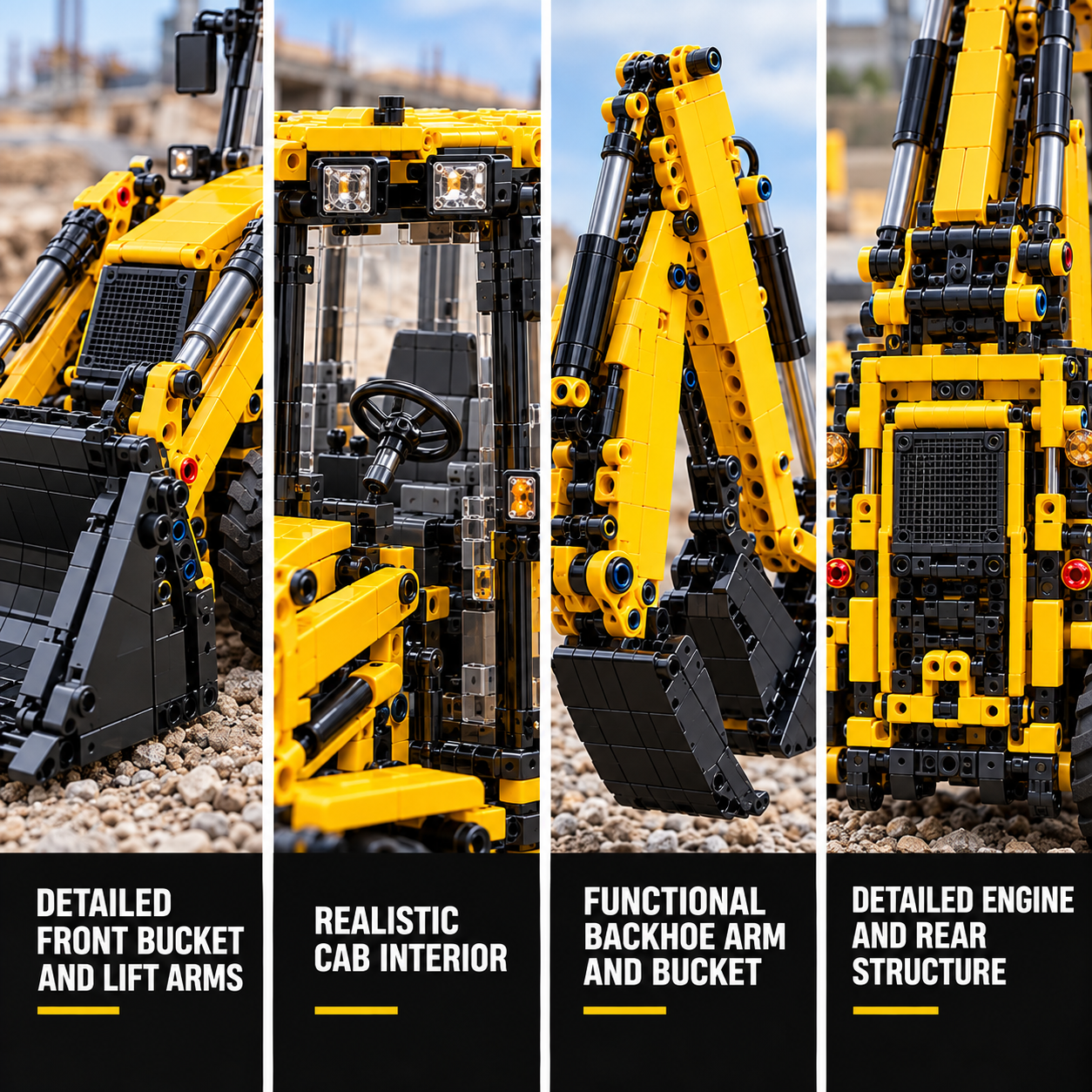 Four close-ups of the brick model: front loader and lift arms, cabin interior, rear backhoe arm and bucket, and rear machinery