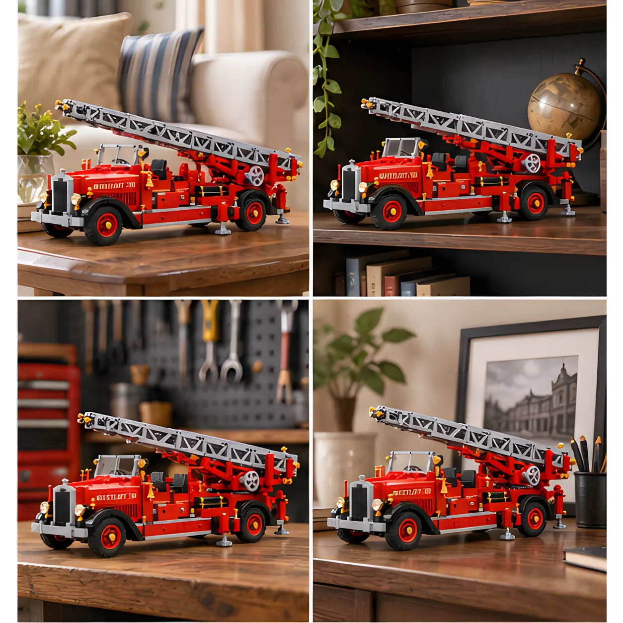 Four home display scenes showing the finished red ladder truck on tables, shelving, workshop furniture, and a desk