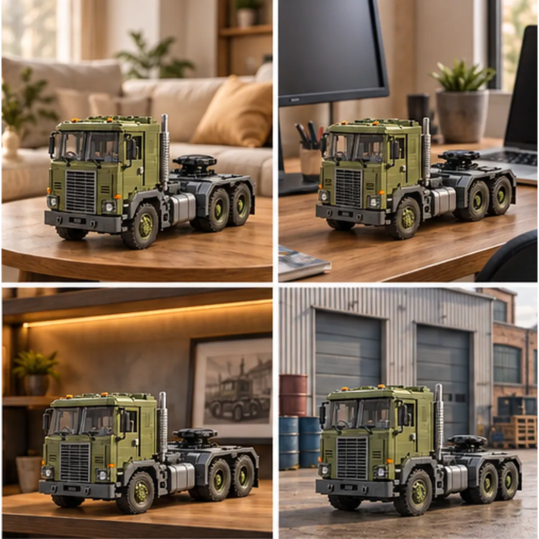 Four display settings for the British Iron Hauler brick tractor: living room, work desk, shelf, and industrial yard