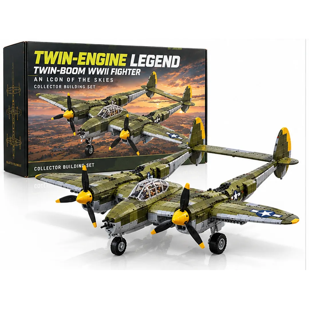 Complete olive-green twin-engine brick aircraft with yellow propeller details, clear central canopy, twin-boom tail and white-backdrop collector presentation