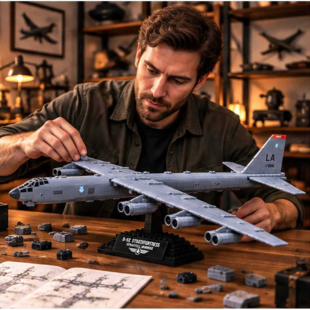 Adult aircraft enthusiast assembling a gray B-52 Stratofortress brick model on a wooden worktable with instructions and loose building pieces