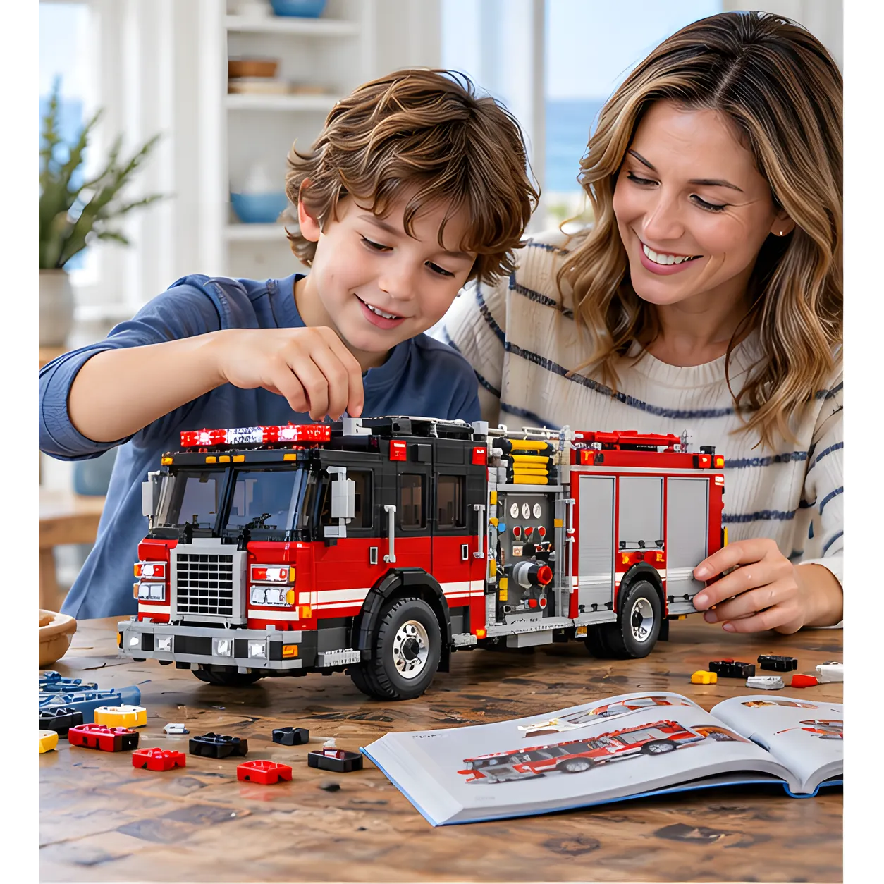 Young builder placing a piece on the black roof of a red fire truck brick build while an adult sits beside him, with loose bricks and instructions on the table.