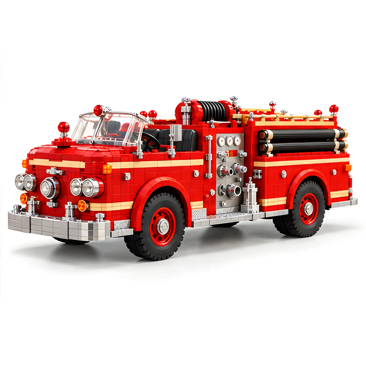 Three-quarter front view of a red brick-built fire pumper on white, with an open windshield, grouped lamps, silver-tone fittings, and side hoses.