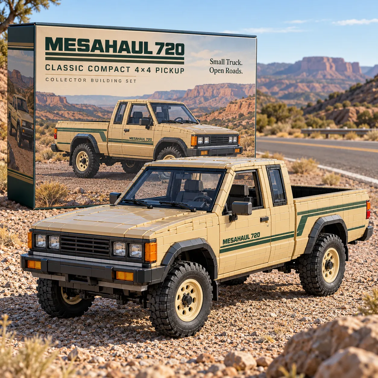 Sand-tan MESAHAUL 720 brick-built pickup on rocky desert ground, showing its squared headlamps, dark green side graphics, and chunky black tires.