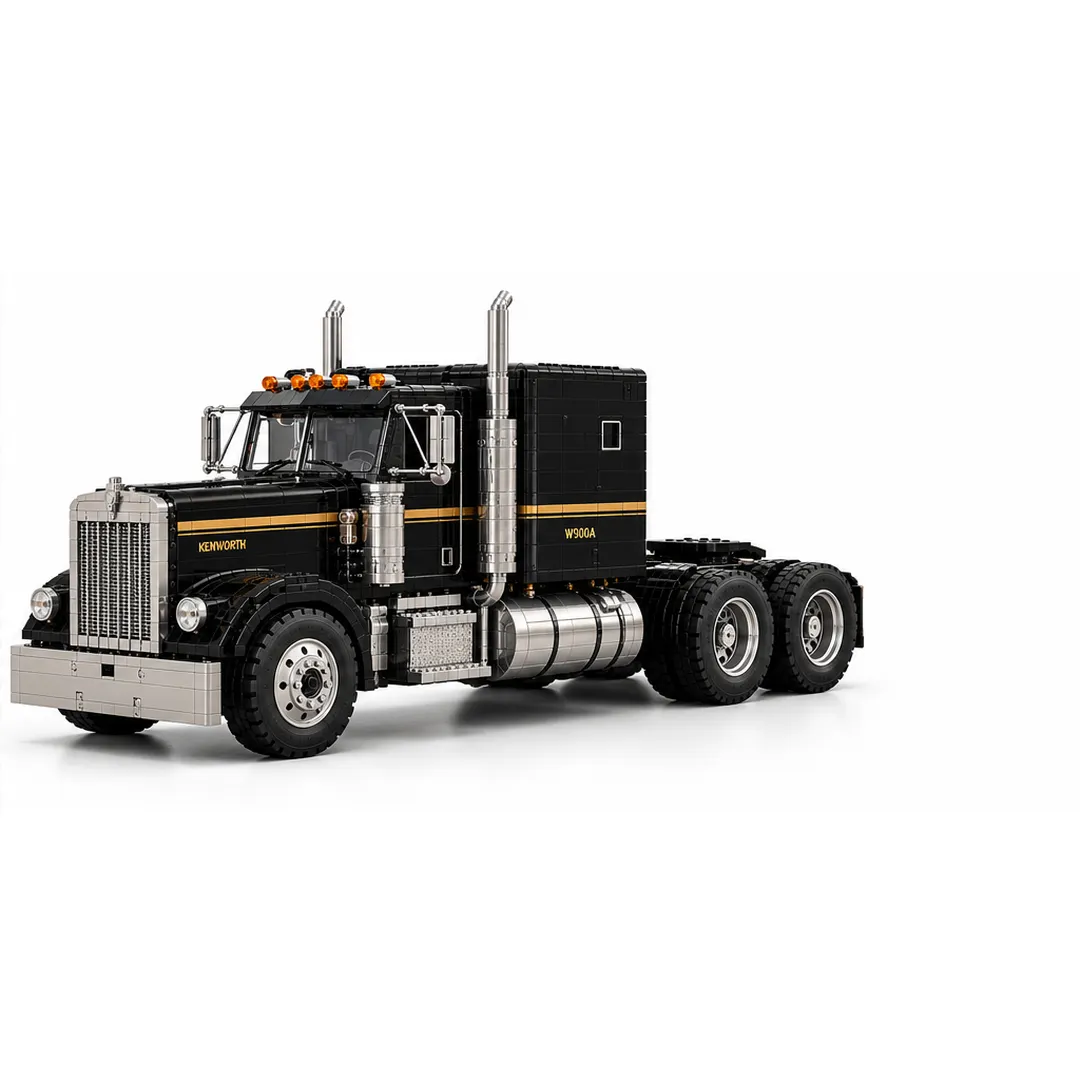 Complete Kenworth W900A black-and-gold long-hood semi-truck building model on a white background