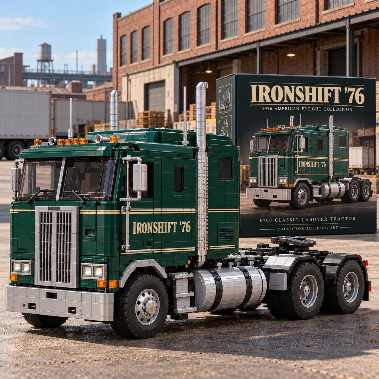 Forest-green IRONSHIFT '76 cabover brick-built truck with gold stripes, tall silver grille, and product packaging at an industrial loading yard.