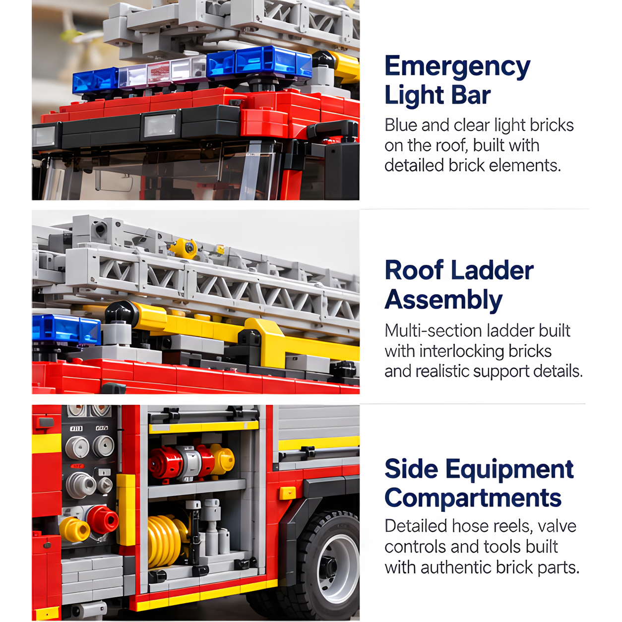 Close-up views of blue-and-clear roof beacons, a gray ladder on yellow supports, and a coiled hose with circular valves.
