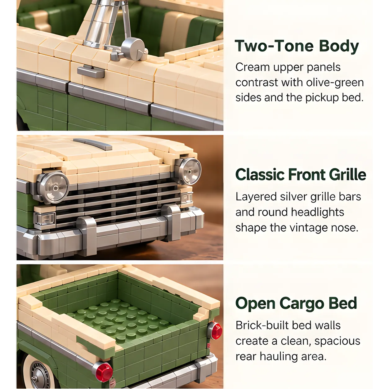 Three close-up views showing cream and olive side panels with silver trim, circular lamps and layered grille, and the green studded pickup bed.