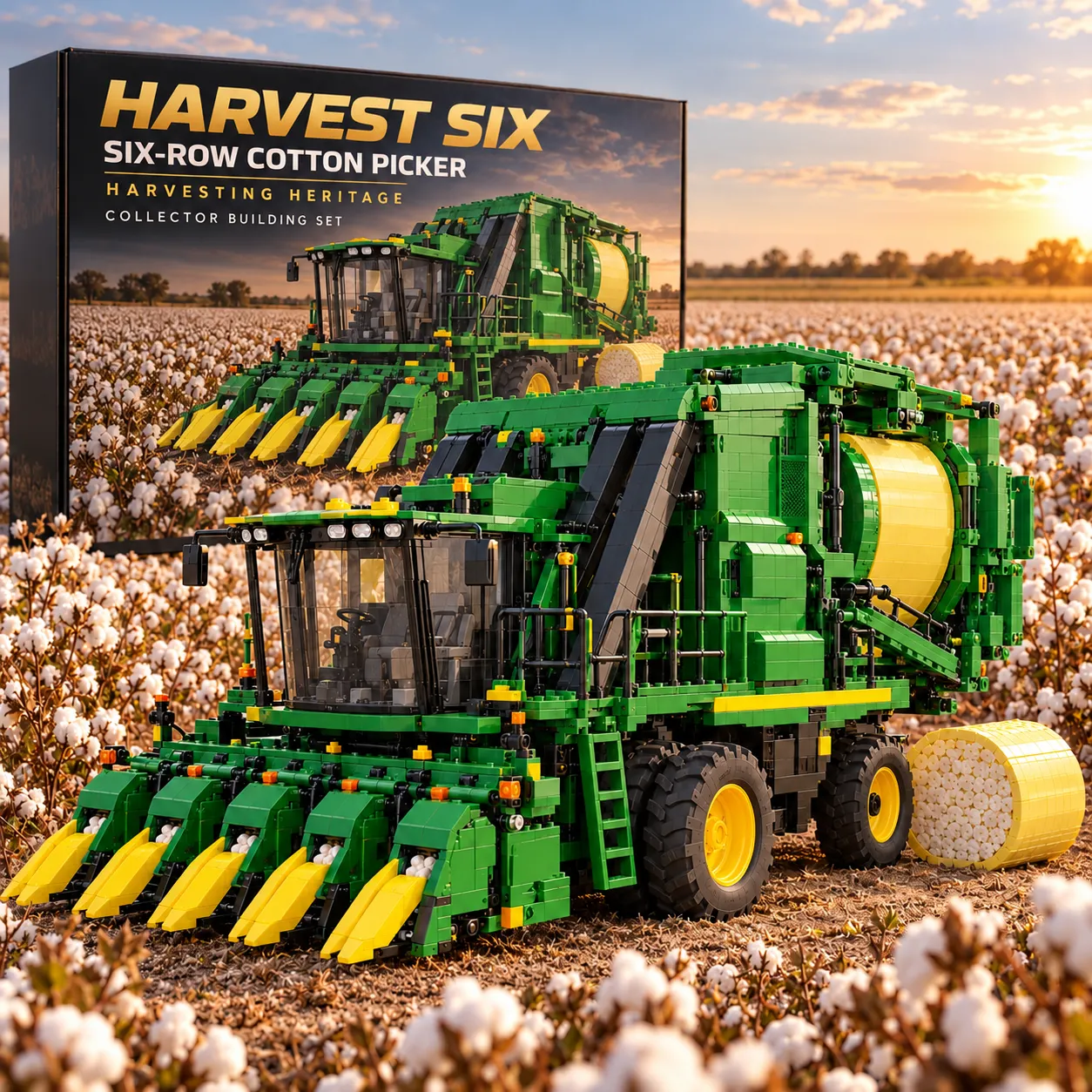 Harvest Six green-and-yellow cotton picker brick-built model in a white cotton field with matching collector presentation box and round cotton module display