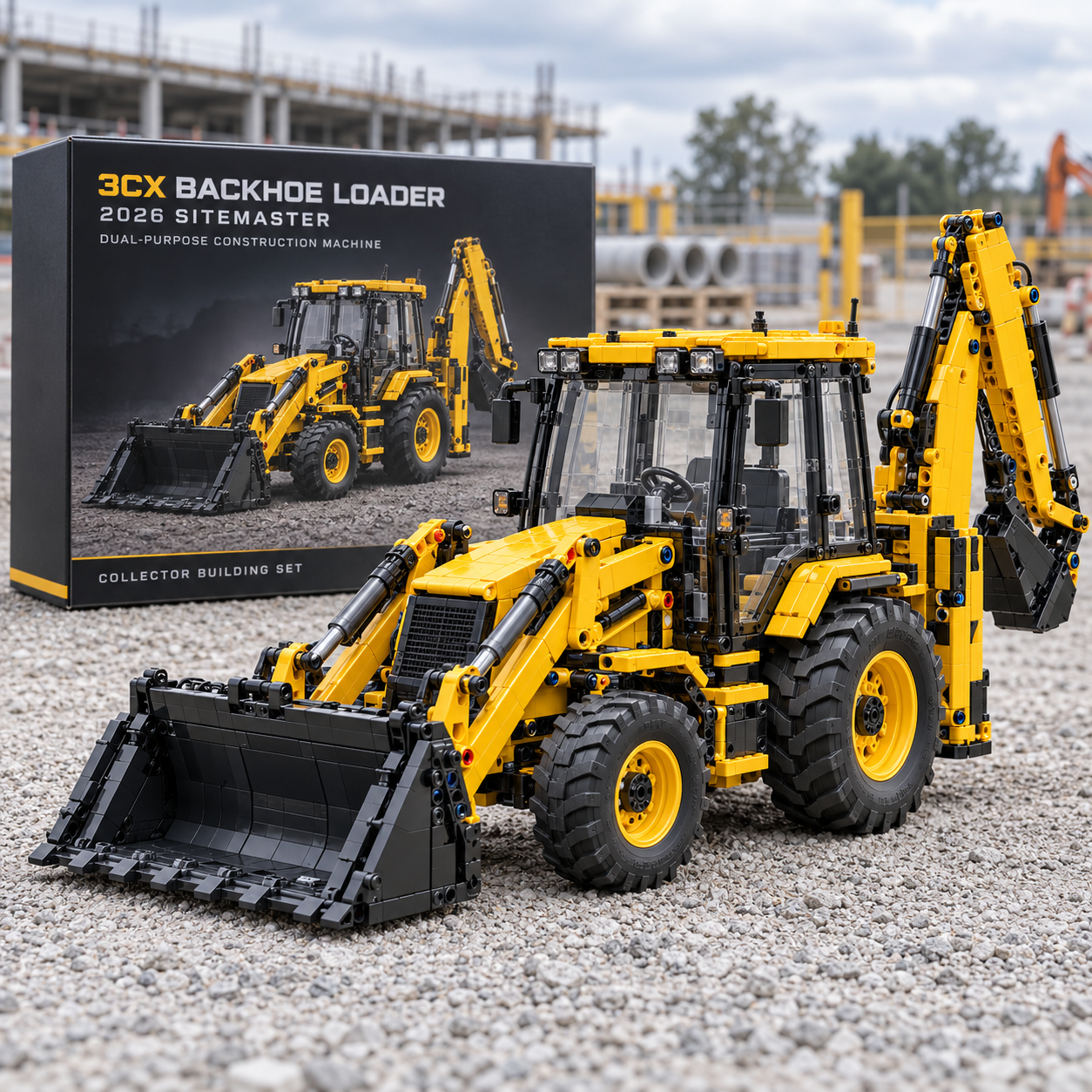 3CX Sitemaster yellow backhoe-loader brick model with collector product packaging