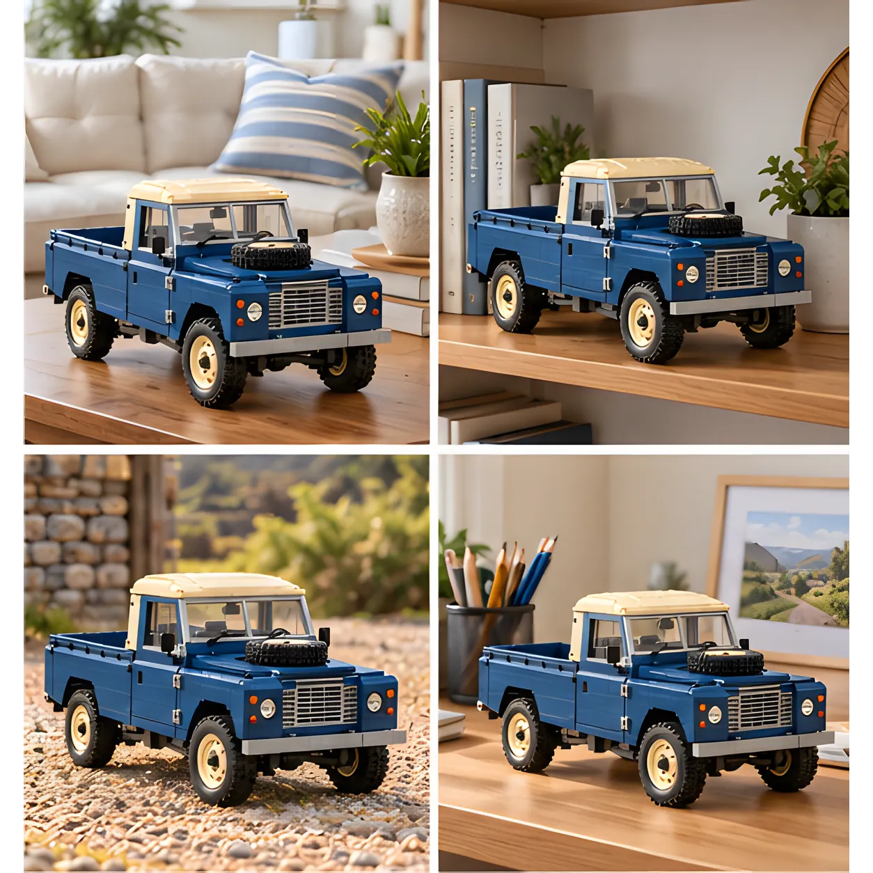 Four home and outdoor placements of a blue-and-cream brick-built pickup, including a living room table, shelf, gravel path, and desk.