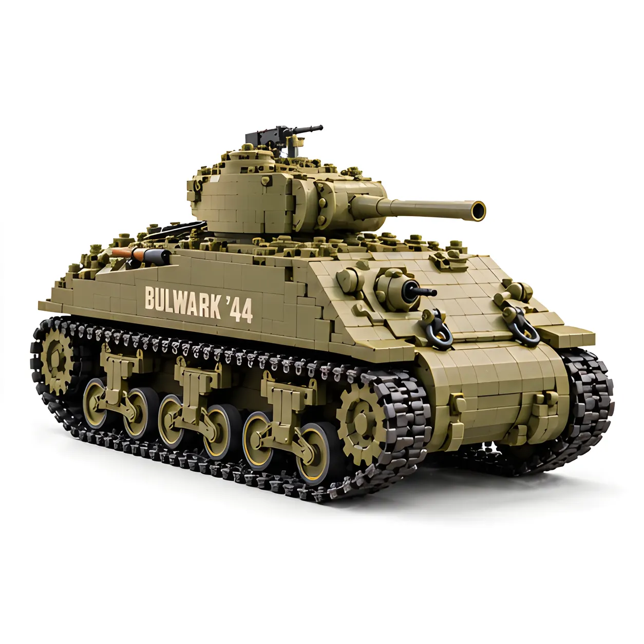 Olive-drab brick-built assault tank on a white background showing its sloped front glacis, rounded armored mantlet, and black linked tracks.