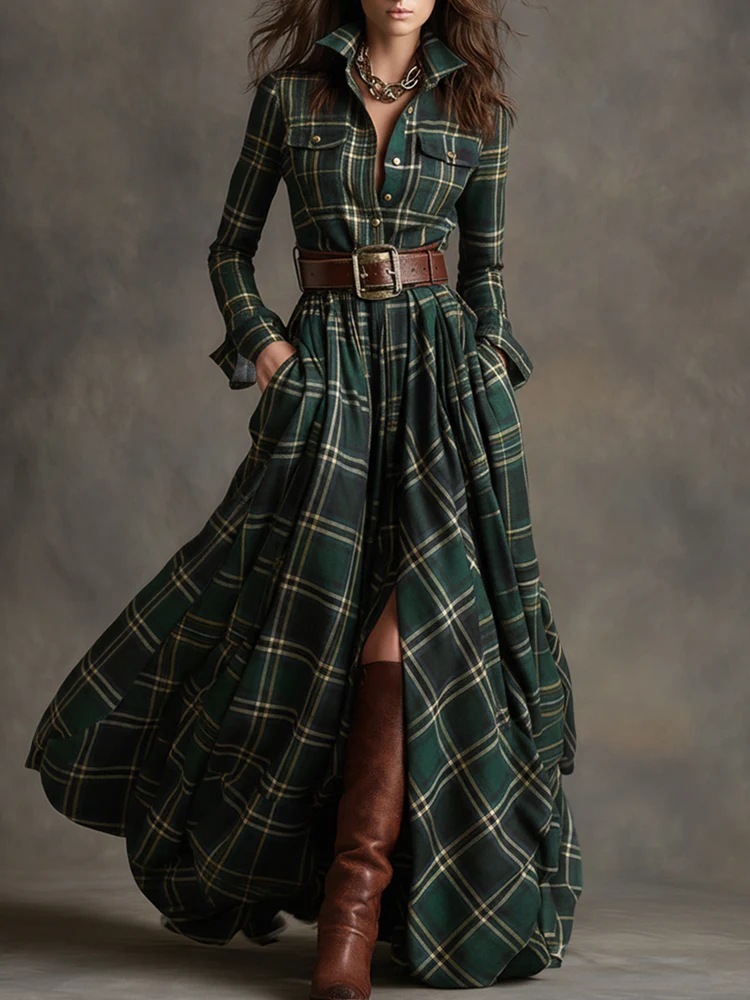 Plus Size Highland-Inspired Maxi Dress with Dramatic Silhouette