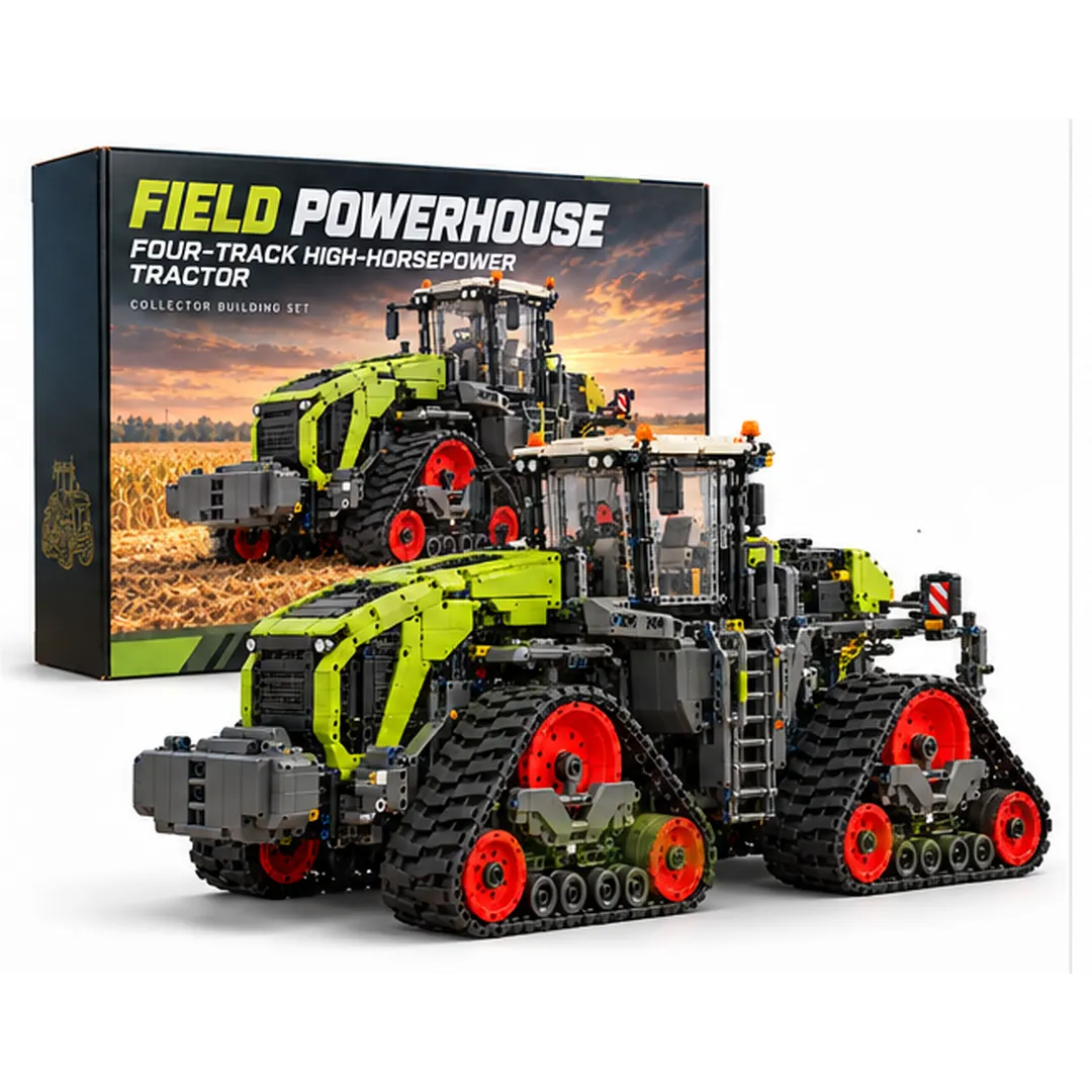 Complete Field Powerhouse lime-green four-track tractor building model and matching collector-style box on white studio background