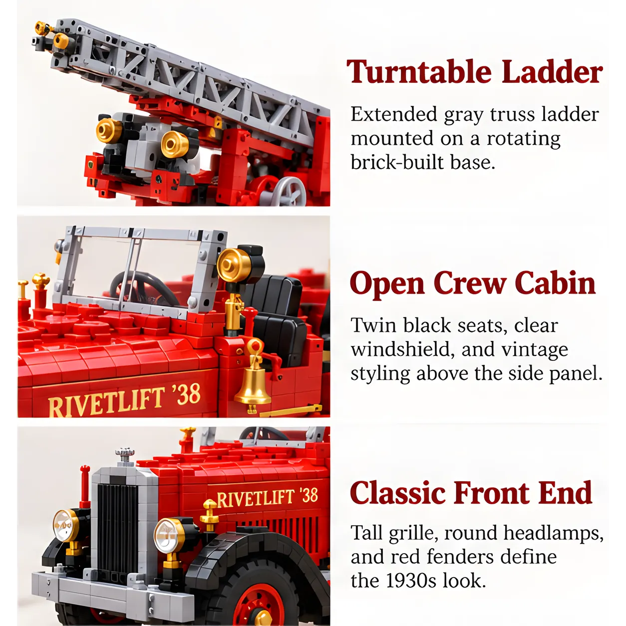 Three close-up views of the gray aerial assembly, open crew seating, and tall front grille of the red brick fire truck