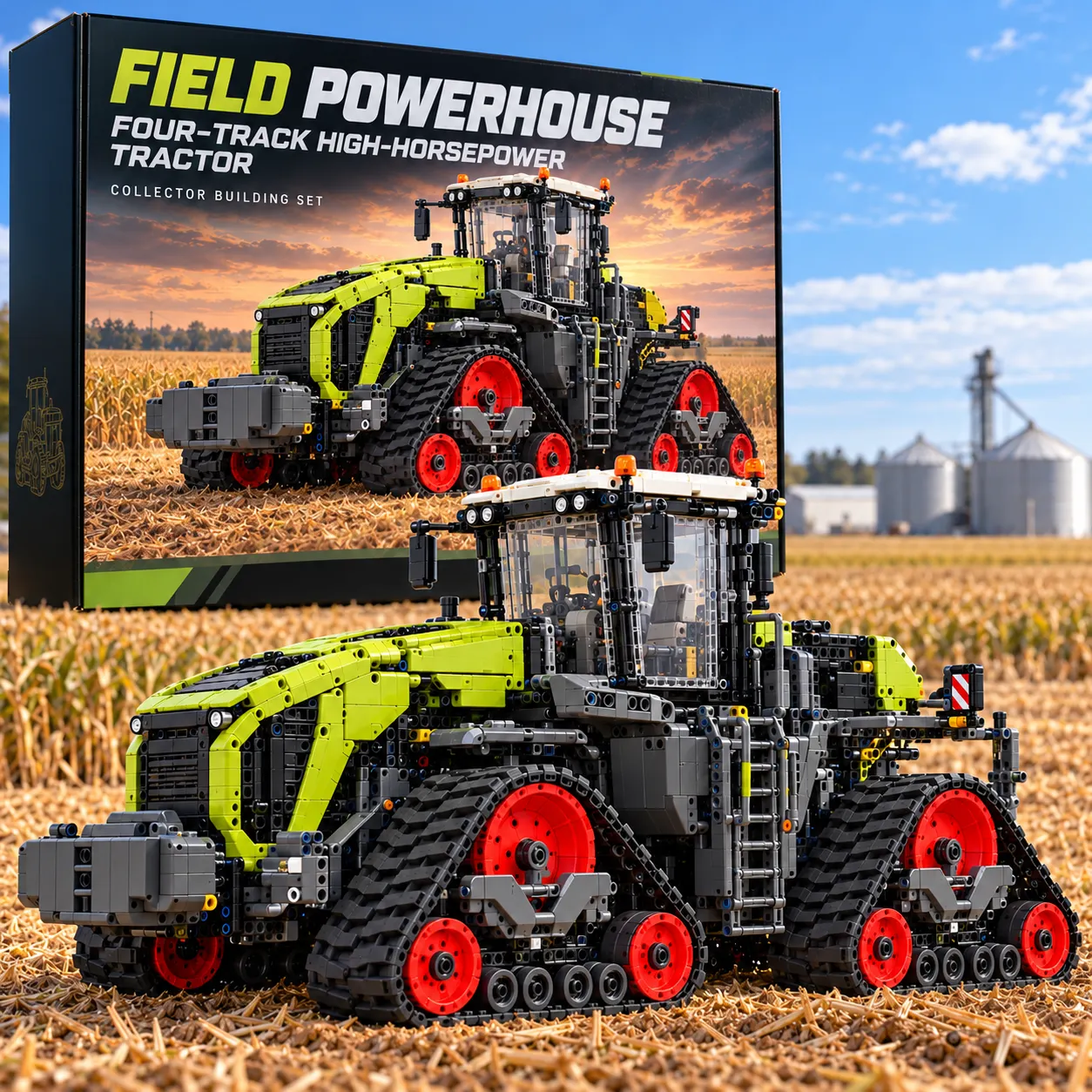 Field Powerhouse lime-green four-track brick tractor with red hubs and collector presentation box in a harvested field