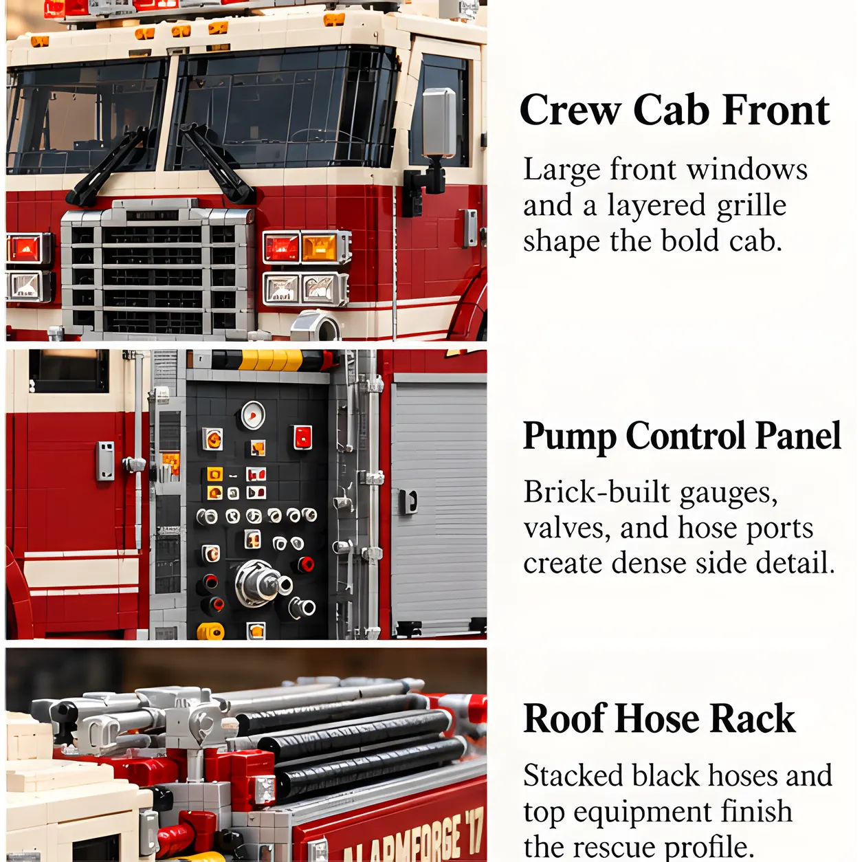 Three close-up views of a brick-built pumper fire engine showing the crew cab front, water-control area, and stacked upper hose storage.