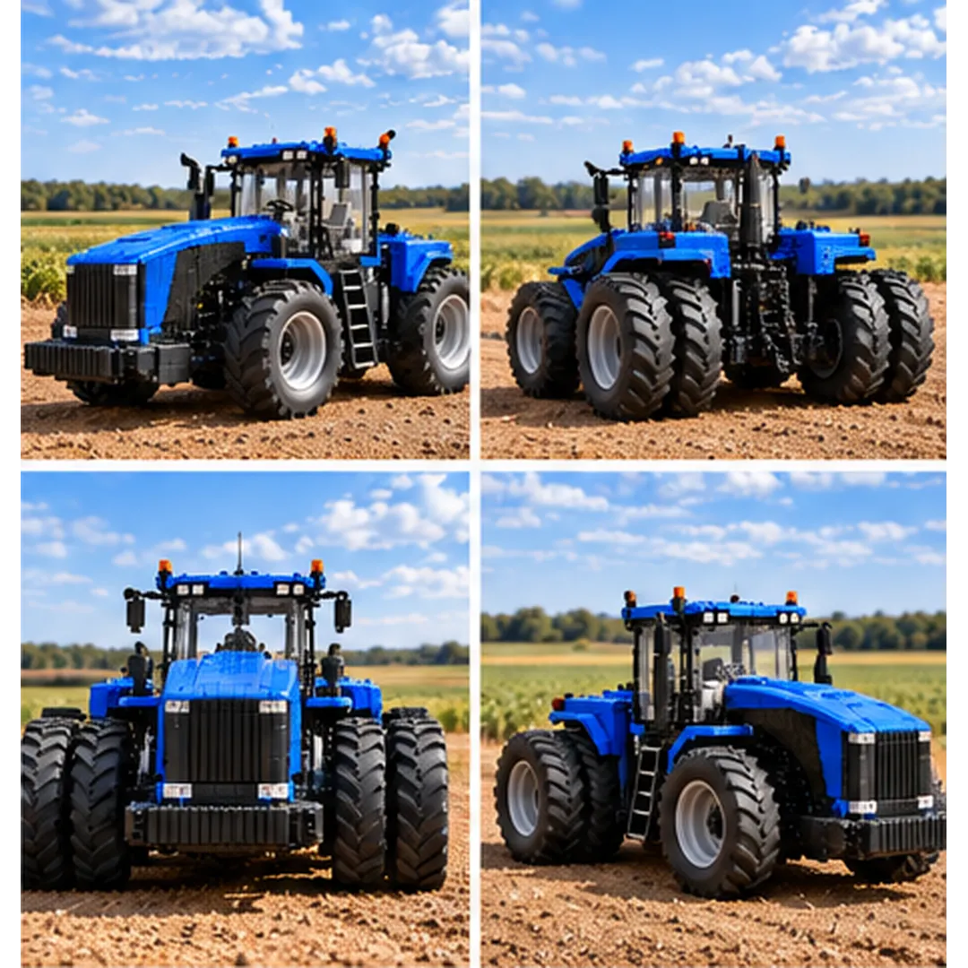 Four-view collage showing the blue tractor building model from front, rear, and angled perspectives