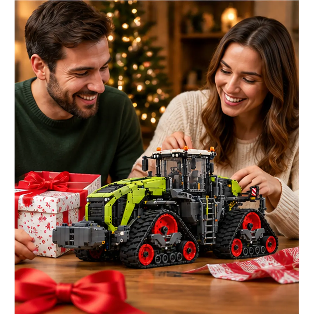 Couple admiring a lime-green four-track tractor building model beside wrapped holiday gifts in a warmly lit room