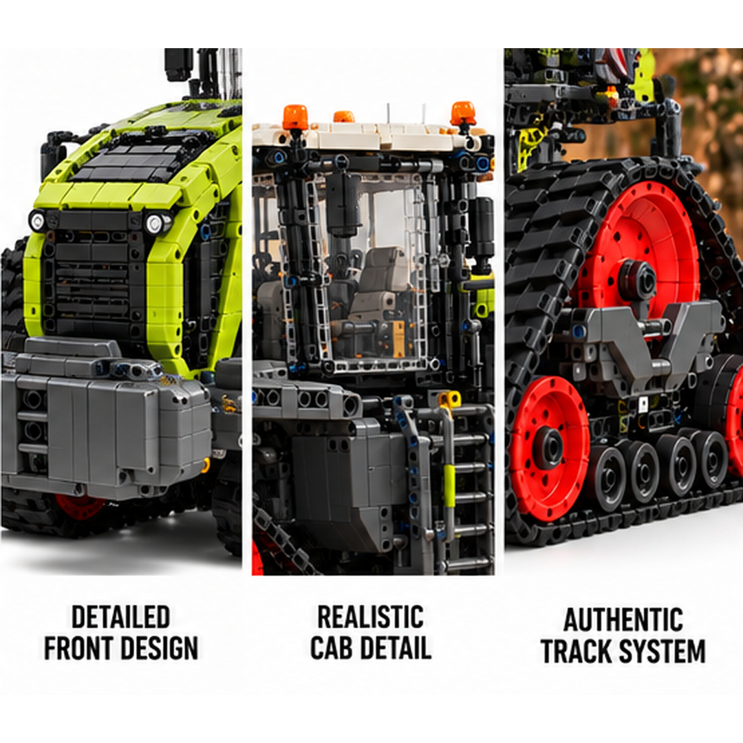 Three close-up panels of lime-green tractor nose and gray front weight, transparent operator cab and ladder, and black track unit with red wheels