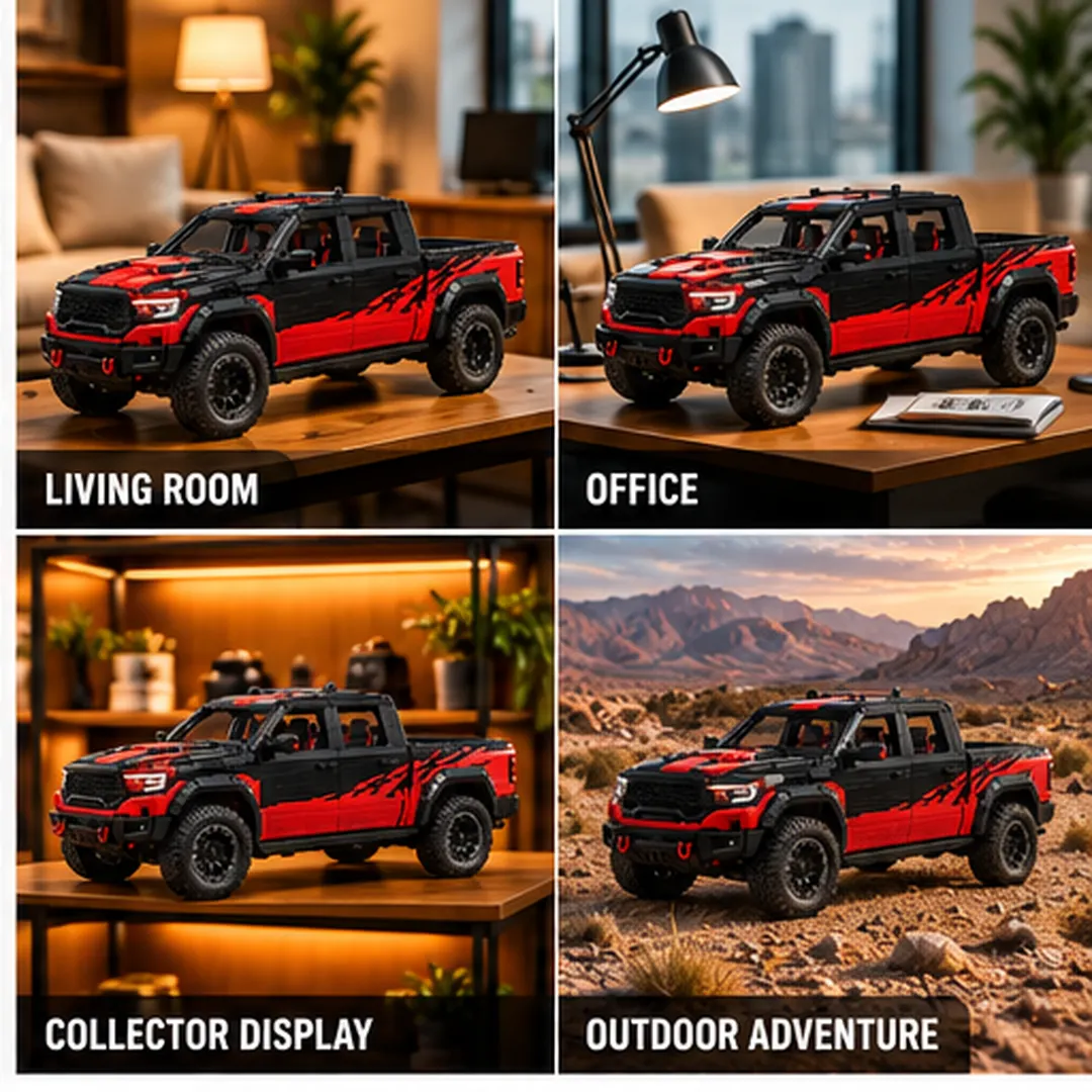 Complete red and black RAM TRX Bloodshot Night inspired brick pickup model on white background