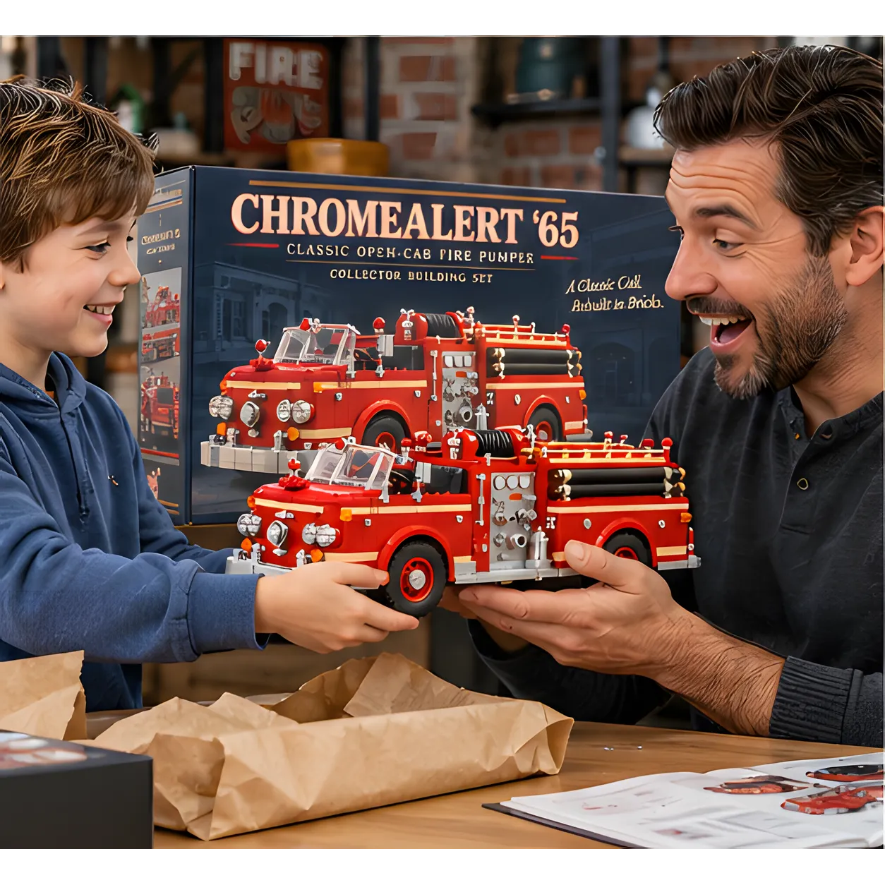 An adult and child smiling while holding a red brick-built fire pumper together at a table.
