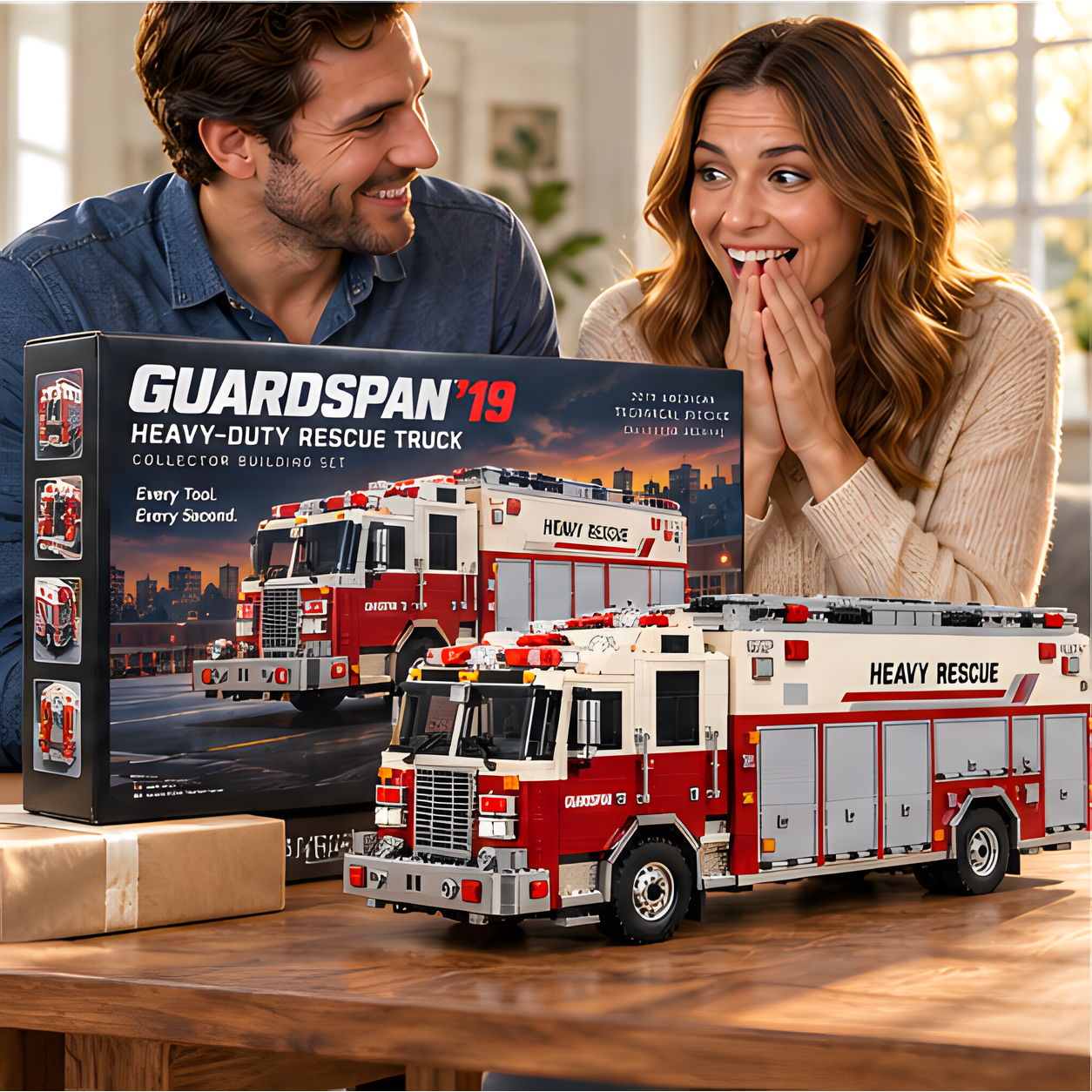 Two adults smiling beside a brick-built rescue truck with silver side compartments on a wooden table.