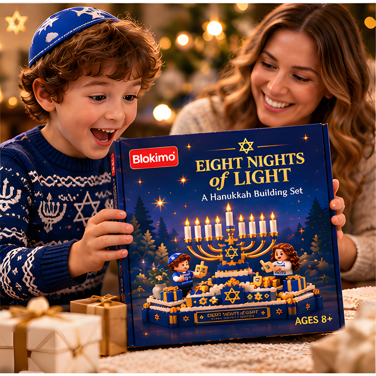 Smiling adult and child holding an illustrated Eight Nights of Light Hanukkah building set box