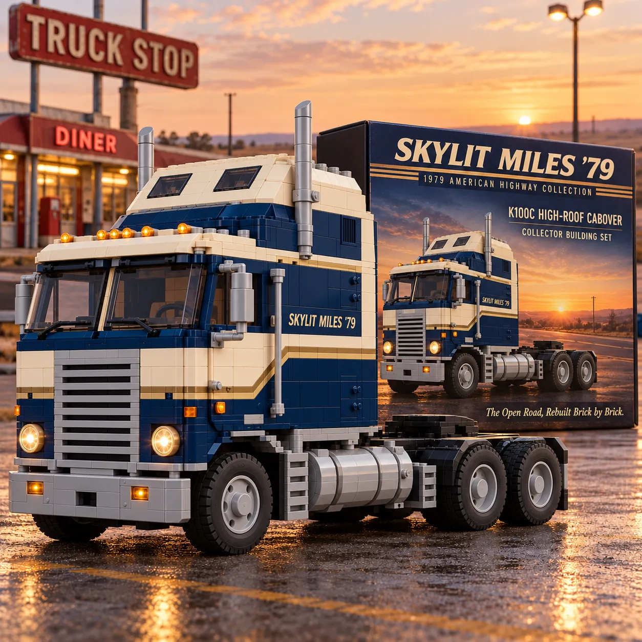 Skylit Miles '79 navy and cream raised-roof cabover brick building set with slatted grille, twin vertical stacks, paired rear drive axles, and illustrated product box at a roadside diner.