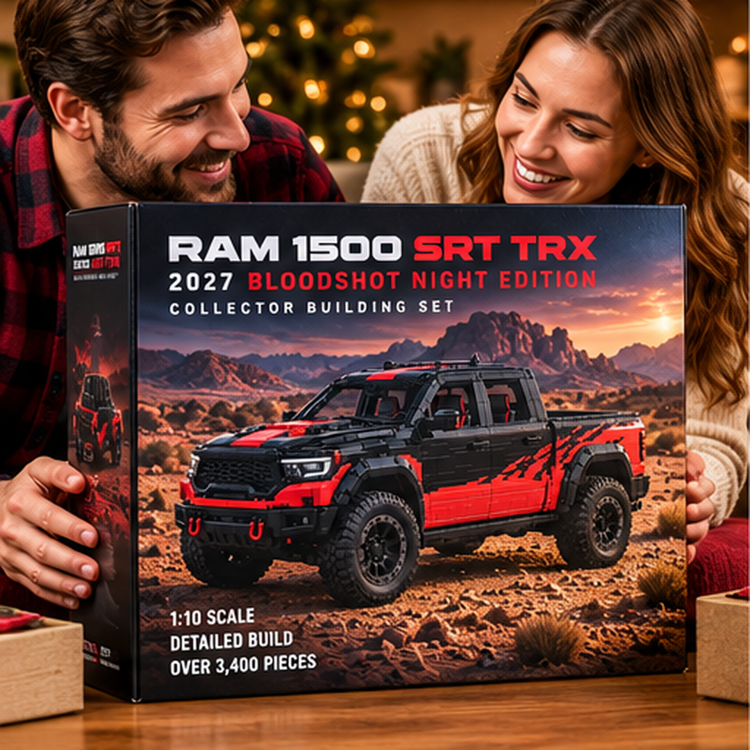 Adult builder assembling the red and black TRX inspired collector brick truck