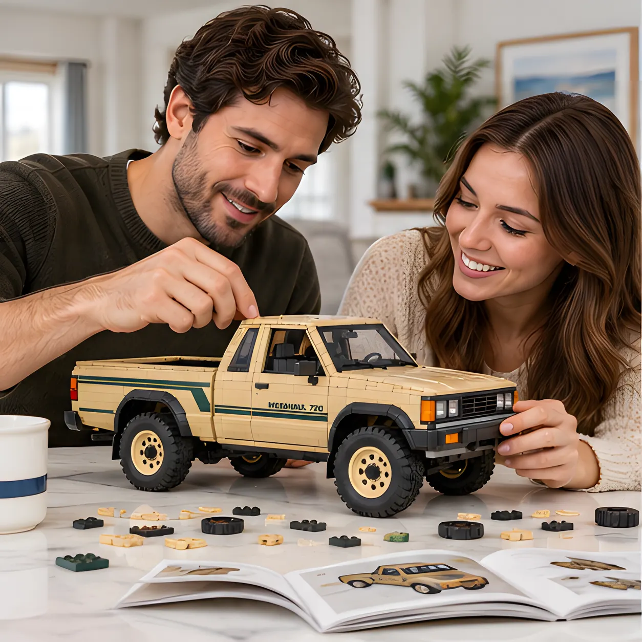 Two smiling adults working with a tan brick-built pickup at a table, with loose tan and dark pieces and an open instruction booklet.